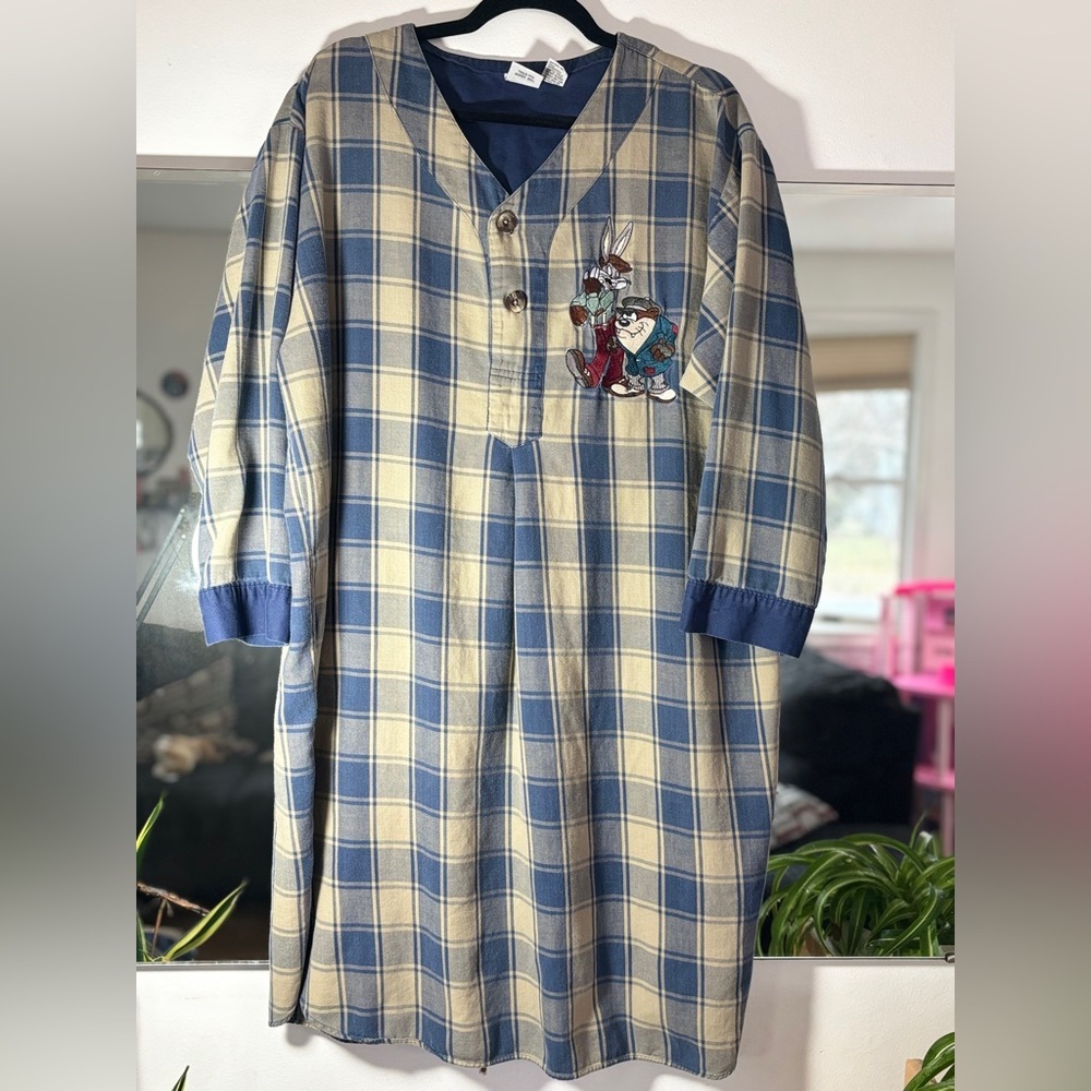 Vintage Looney Tunes Nightgown Y2K 90’s Bugs Bunny SZ S/M Plaid Retro Sleepwear